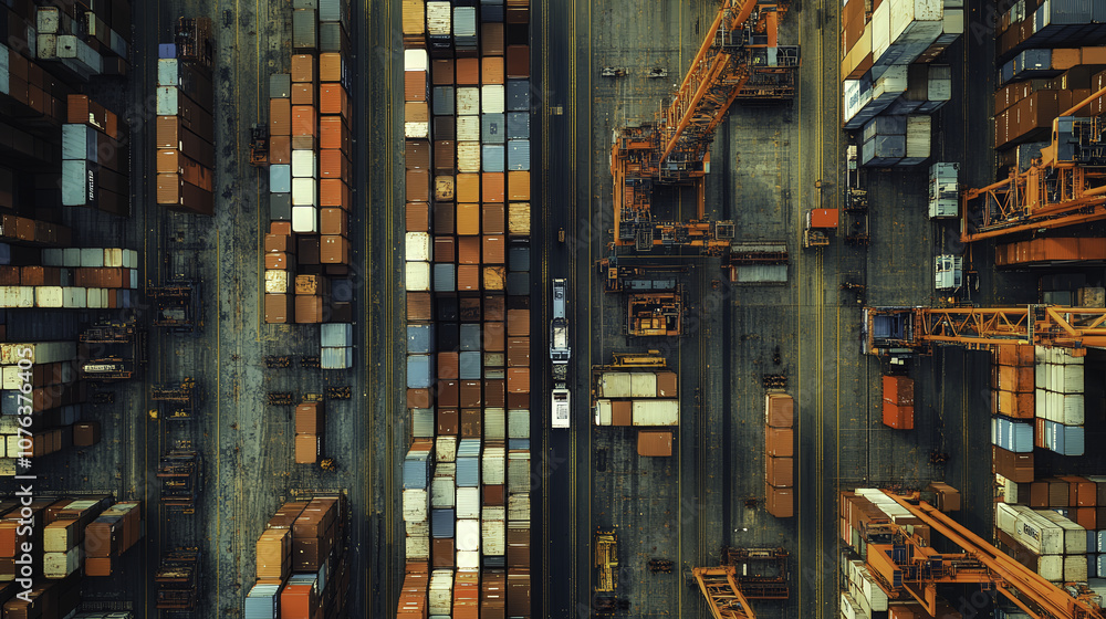 Busy shipyard with stacked containers and cranes in operation Busy shipyard with stacked containers and cranes in operation