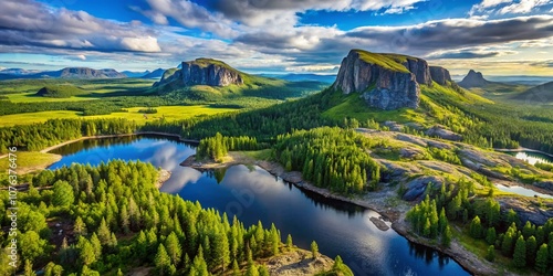 Aerial View of the Majestic Flatruet Fjäll Plateau: Exploring the Stunning Landscape of Central Sweden's High Altitude Mountains with Lush Greenery and Rugged Terrain