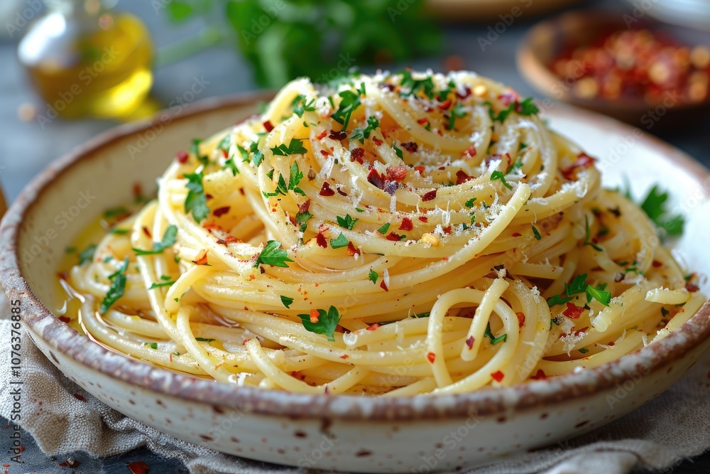 Close-up of a Plate of Spaghetti Aglio e Olio with Parsley and Red Pepper Flakes Close-up of a Plate of Spaghetti Aglio e Olio with Parsley and Red Pepper Flakes