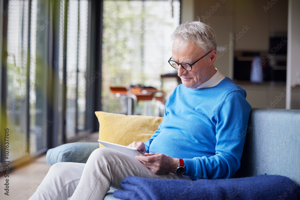Senior man sitting on couch at home using tablet PC Senior man sitting on couch at home using tablet PC