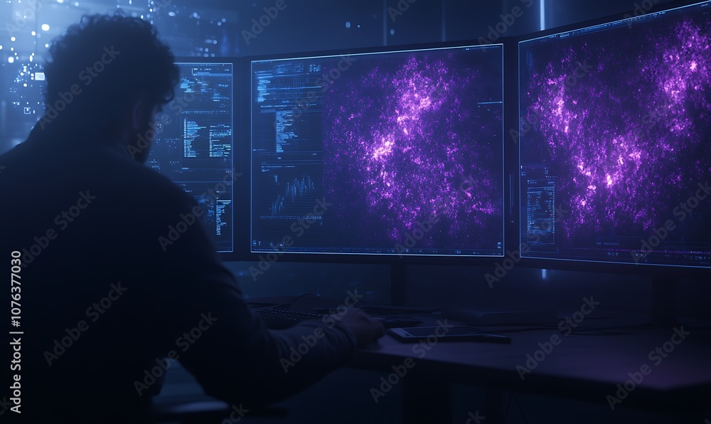 A contemplative figure sits before multiple monitors displaying vibrant, cosmic graphics, suggesting a deep engagement with data or simulation. A contemplative figure sits before multiple monitors displaying vibrant, cosmic graphics, suggesting a deep engagement with data or simulation.
