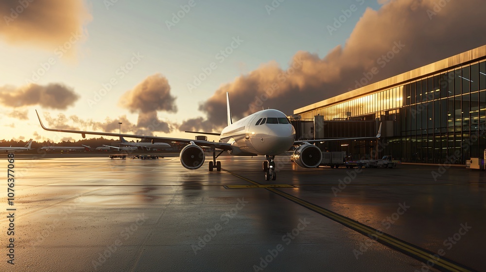 Experience the serenity of a commercial airplane parked at a modern airport under a golden sunset