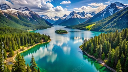 Aerial View of Tutshi Lake Surrounded by Majestic Evergreen Trees and Snow-Capped Mountains in British Columbia's Stunning Wilderness Landscape