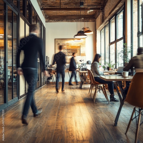 blured business people walking with fast movement in office and people meeting on table