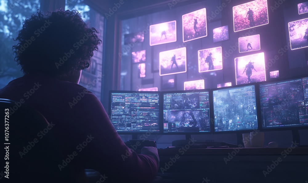 A person is seated, gazing at multiple screens displaying vibrant images, immersed in a tech-driven environment with a focus on data and monitoring. A person is seated, gazing at multiple screens displaying vibrant images, immersed in a tech-driven environment with a focus on data and monitoring.