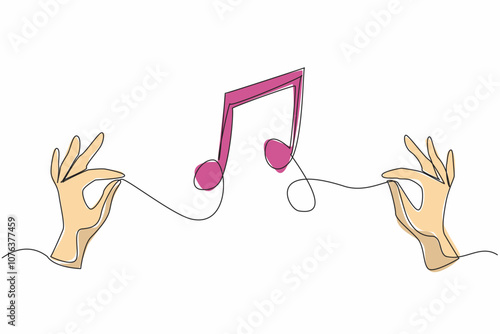 Single continuous line drawing two hands holding the string and the middle forming a tone symbol. The power of music to connect people. World Music Therapy Day. One line design vector illustration