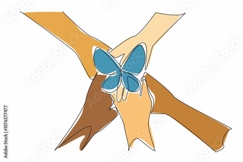 Single continuous line drawing five hands with different skin colors stacked on top of each other. Metaphor interconnectedness of humanity. Zero Discrimination Day. One line design vector illustration