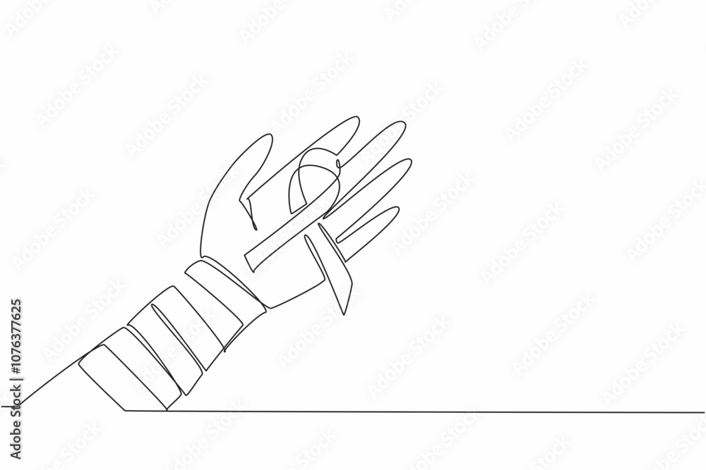 Fototapeta premium Single one line drawing campaign ribbon on palm with arm wrapped in bandage. Resilience and hope in the face of illness. Survivor. Self-Injury Awareness Day Continuous line design graphic illustration