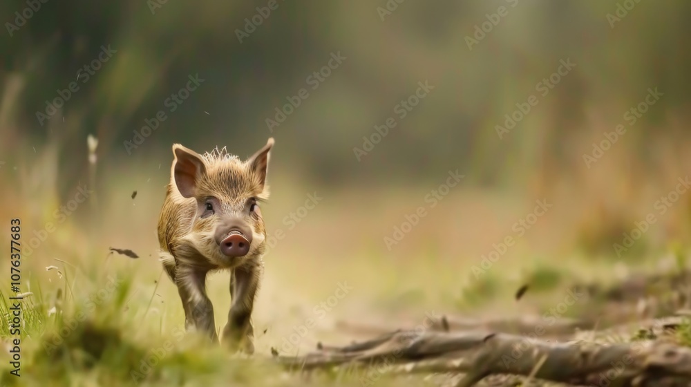 A young wild boar piglet darts through its natural habitat, joyfully running along a secluded path in a tranquil forest, embracing the freedom of the wilderness. A young wild boar piglet darts through its natural habitat, joyfully running along a secluded path in a tranquil forest, embracing the freedom of the wilderness.