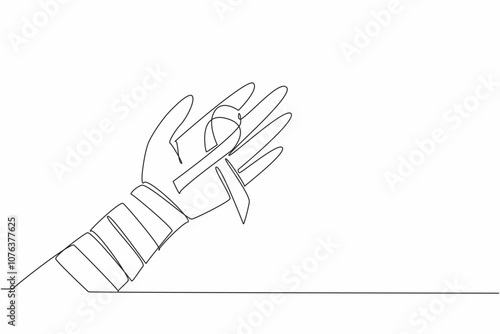 Single one line drawing campaign ribbon on palm with arm wrapped in bandage. Resilience and hope in the face of illness. Survivor. Self-Injury Awareness Day Continuous line design graphic illustration