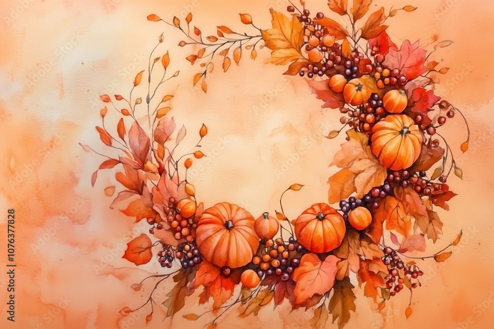Autumn wreath with pumpkins, colorful leaves, berries, and branches arranged in a warm seasonal design Autumn wreath with pumpkins, colorful leaves, berries, and branches arranged in a warm seasonal design