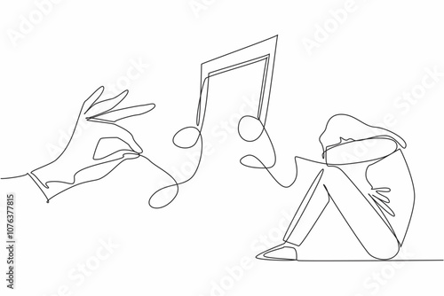 Single continuous line drawing woman crouching on the floor covering her face. The power of music to uplift the spirits. Melody of healing. World Music Therapy Day. One line design vector illustration