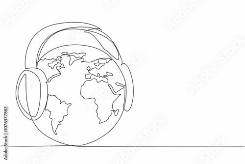 Continuous one line drawing globe wearing headphones. The diversity of cultures, languages, and traditions. Listen to music online. World Music Therapy Day. Single line draw design vector illustration