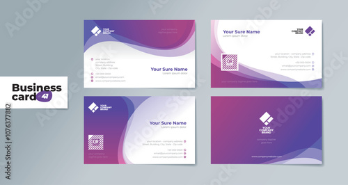 A set of double-sided business card templates with abstract transparent wave curves on a purple and white background