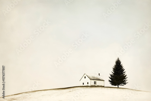 Lone house and tree on snow covered hills