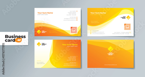 Set of double sided business card templates with abstract transparent wave curves on orange and white background
