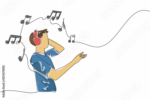Single continuous line drawing man wearing headphones and holding it. A song of joy. A song that erases wounds. Forgetting the problem. World Music Therapy Day. One line design vector illustration