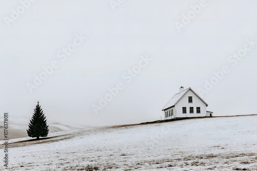 Lone house and tree on snow covered hills