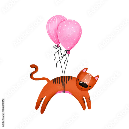 Tifer fly on helium pink balloon illustration. Jungle illustration. Tropical animal. Hand drawn monster on isolated background. Newborn baby girl shower card photo