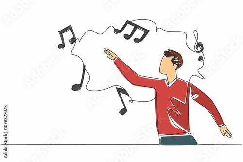 Continuous one line drawing man reaching for some musical symbols. Maestro of Imagination. Creating a symphony of ideas. Dreams. World Music Therapy Day. Single line draw design vector illustration
