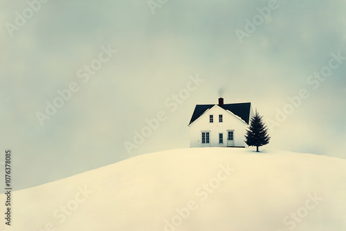 Lone house and tree on snow covered hills