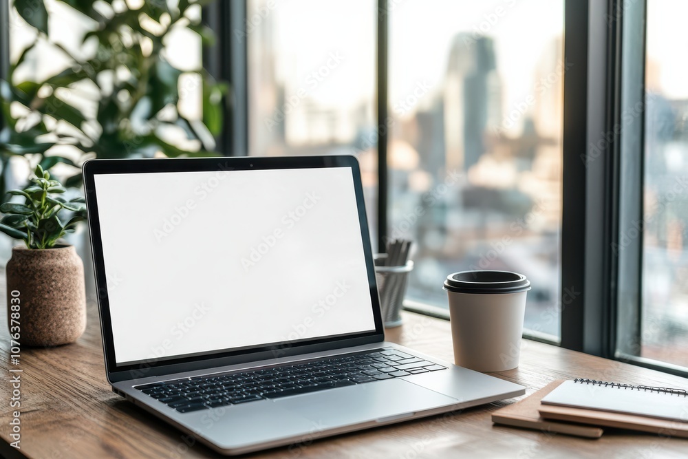 Wooden Desk Setup with Laptop and Cityscape View Wooden Desk Setup with Laptop and Cityscape View