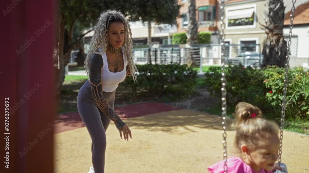 Woman with tattoos pushing girl on swing at playground in urban park on sunny day displaying family love and outdoor fun Woman with tattoos pushing girl on swing at playground in urban park on sunny day displaying family love and outdoor fun
