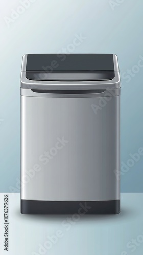 Abstract Advertising Background Featuring a Modern Silver Washing Machine in an IoT Context, Set Against a Clean Light Blue Background with Ample Copy Space, Showcasing a Perfect Composition that Embo photo