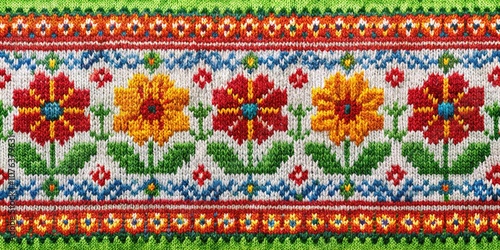 Scandinavian Knitted Border Design with Floral Elements, Nordic Patterns, Cozy Textiles, Decorative Arts, Handcrafted Aesthetics, Traditional Crafts, Scandinavian Home Decor