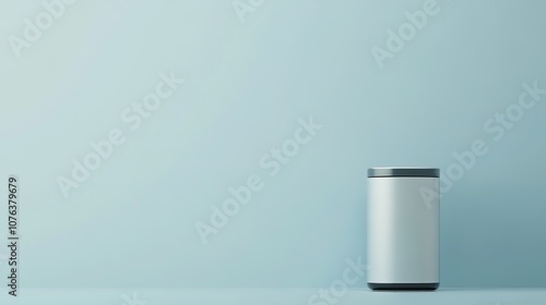 Abstract Advertising Background Featuring a Modern Silver Washing Machine in an IoT Context, Set Against a Clean Light Blue Background with Ample Copy Space, Showcasing a Perfect Composition that Embo photo