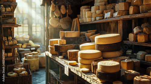 vintage cheese market display with large wheels and blocks of parmesan, cheddar, and blue cheese photo