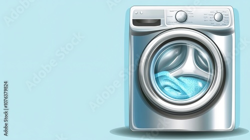 Abstract Advertising Background Featuring a Modern Silver Washing Machine in an IoT Context, Set Against a Clean Light Blue Background with Ample Copy Space, Showcasing a Perfect Composition that Embo photo