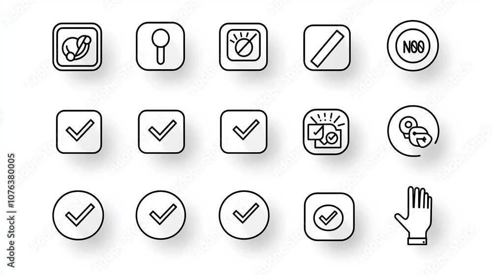 Collection of 15 Minimalist Outline Style Icons Focusing on YesNo Buttons Multi Choice Boxes and Hand Clicks for Digital User Interface and Web App Design Collection of 15 Minimalist Outline Style Icons Focusing on YesNo Buttons Multi Choice Boxes and Hand Clicks for Digital User Interface and Web App Design