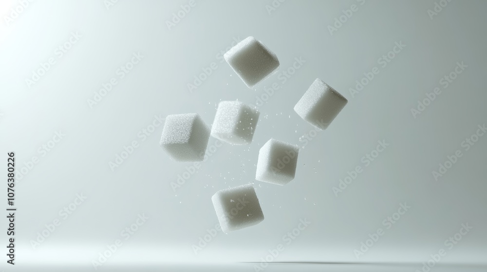 Six sugar cubes are falling and dissolving, representing the concept of sugar reduction, no added sugar, and a low sugar lifestyle for better health Six sugar cubes are falling and dissolving, representing the concept of sugar reduction, no added sugar, and a low sugar lifestyle for better health