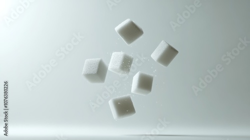 Six sugar cubes are falling and dissolving, representing the concept of sugar reduction, no added sugar, and a low sugar lifestyle for better health photo