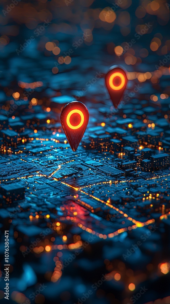 A captivating cityscape map with multiple glowing location pins, showcasing urban connectivity, modern navigation systems, and advanced technological design. A captivating cityscape map with multiple glowing location pins, showcasing urban connectivity, modern navigation systems, and advanced technological design.