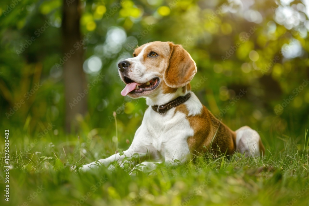A beagle relaxes on vibrant green grass, basking in the sunlight. Its expressive eyes and playful demeanor reflect the joy of a carefree moment in nature. A beagle relaxes on vibrant green grass, basking in the sunlight. Its expressive eyes and playful demeanor reflect the joy of a carefree moment in nature.