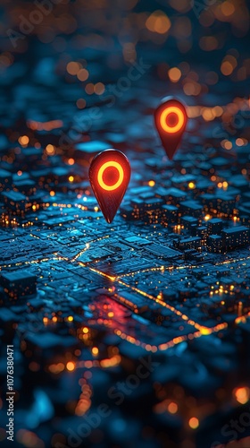 A captivating cityscape map with multiple glowing location pins, showcasing urban connectivity, modern navigation systems, and advanced technological design. photo