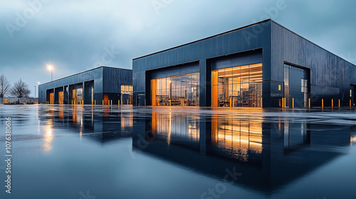 Modern industrial warehouse complex at dusk with illuminated interiors and reflective wet asphalt surface in front of the buildings under overcast sky.