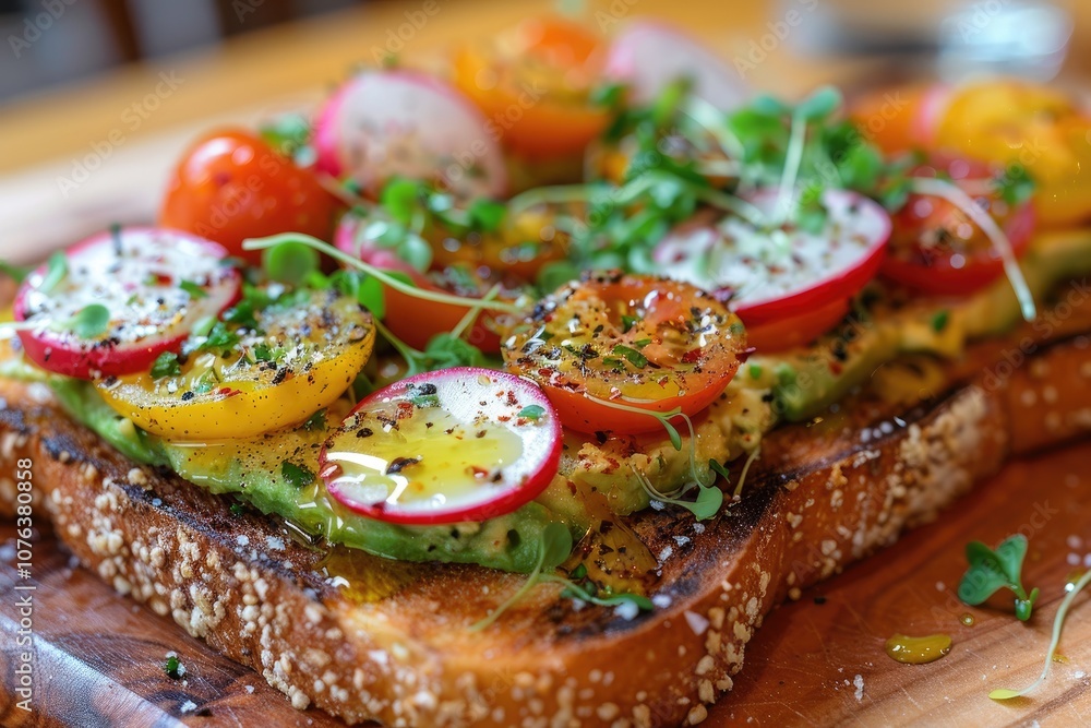 Toasted Bread with Avocado, Tomato, and Radish Slices Toasted Bread with Avocado, Tomato, and Radish Slices