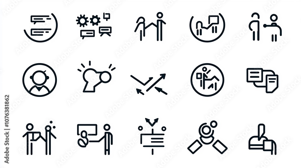 Clean and minimalist featuring a collection of 15 linear icons symbolizing group shared tasks for business planning and project management Clean and minimalist featuring a collection of 15 linear icons symbolizing group shared tasks for business planning and project management