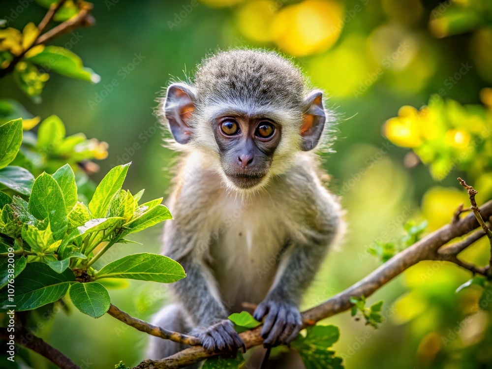 Obraz premium Baby Vervet Monkey Curiously Exploring a Tree in a Lush African Landscape Surrounded by Vibrant Foliage and Natural Beauty, Capturing the Innocence of Wildlife in Their Natural Habitat