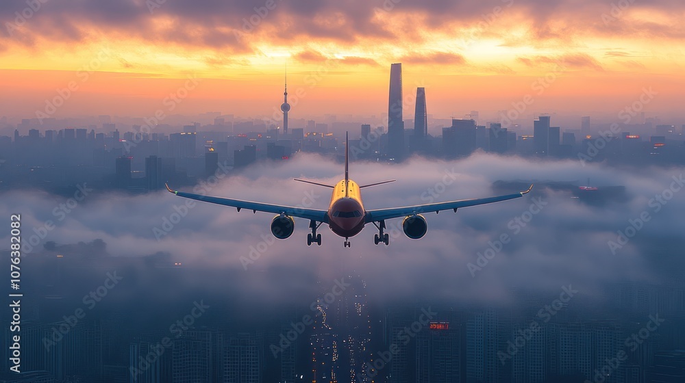 a plane carrying a banner with the Beijing capital city of China skyline behind a plane carrying a banner with the Beijing capital city of China skyline behind