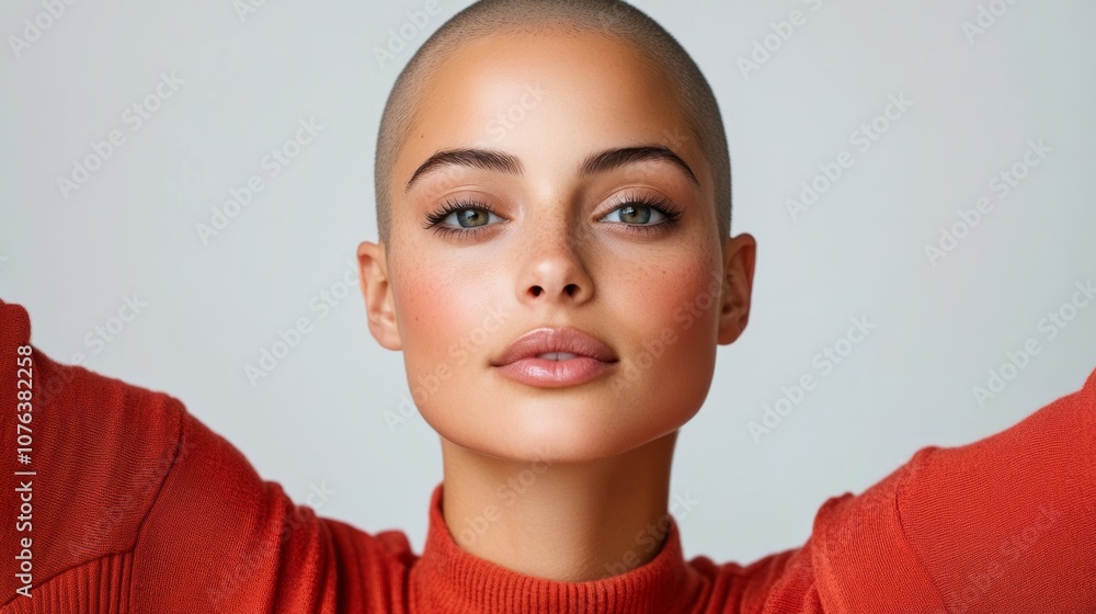 Woman with a shaved head and a red sweater. She has a very nice smile. The sweater is orange and the woman is wearing it Woman with a shaved head and a red sweater. She has a very nice smile. The sweater is orange and the woman is wearing it