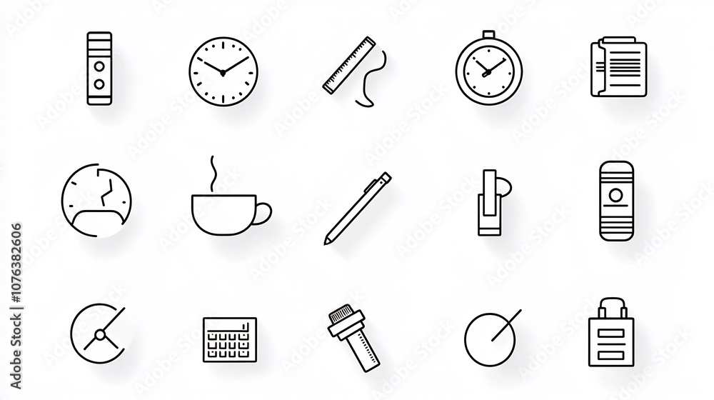 Comprehensive set of 15 workaholic themed icons in a minimalist outline style covering various aspects of late night work productivity tracking and caffeine addiction Comprehensive set of 15 workaholic themed icons in a minimalist outline style covering various aspects of late night work productivity tracking and caffeine addiction
