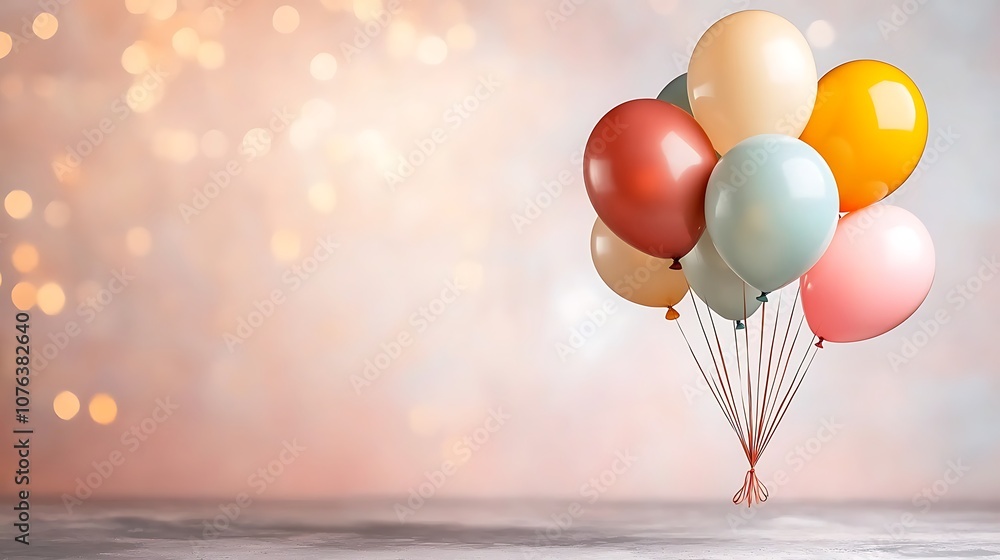 Fototapeta premium The colorful balloons gently drift against a soft pink background, creating a whimsical and festive atmosphere perfect for celebrating special occasions.