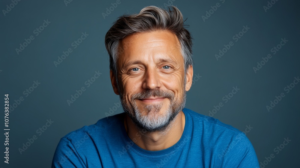Man with a beard and gray hair is smiling and wearing a blue shirt. He looks happy and confident Man with a beard and gray hair is smiling and wearing a blue shirt. He looks happy and confident