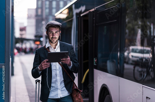 Young businessman wearing in-ear headphones and holding tablet PC near bus at street photo