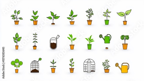 Collection of 15 botanical themed icons in a minimalist outline style showcasing essential elements like greenhouse soil watering can and other nature inspired objects for gardening horticulture photo