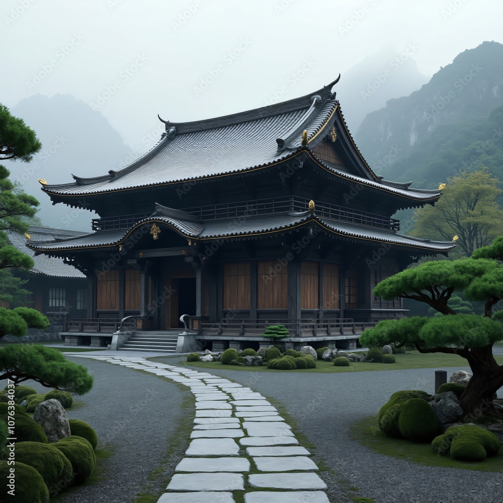 Ancient Japanese pavilion nestled in a serene garden, a testament to traditional Asian architecture Ancient Japanese pavilion nestled in a serene garden, a testament to traditional Asian architecture